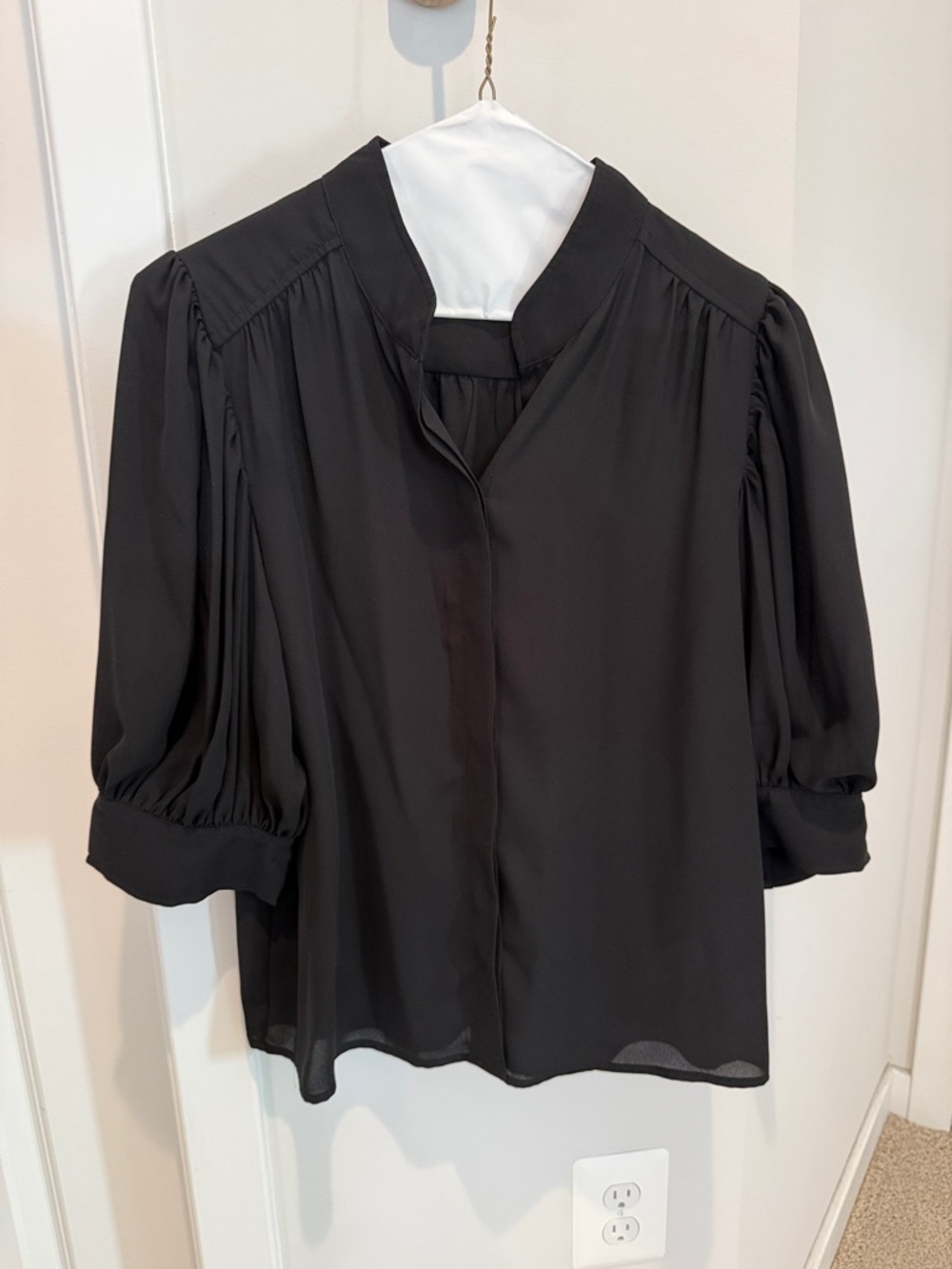CeCe Black Puff Sleeve Blouse with Stand Collar